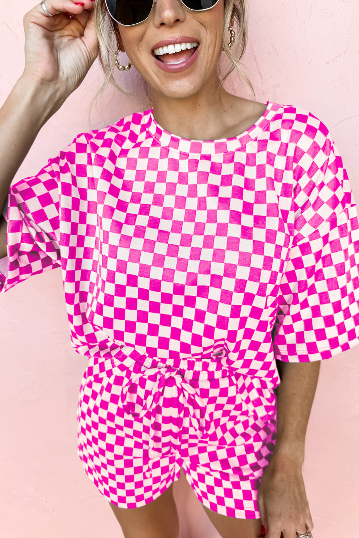 Rose Checkered Top and Drawstring Shorts Pajama Set