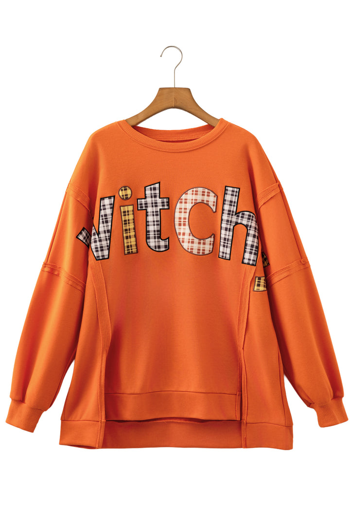 Halloween Witchy Plaid Slogan Embroidered Patch Tunic Sweatshirt