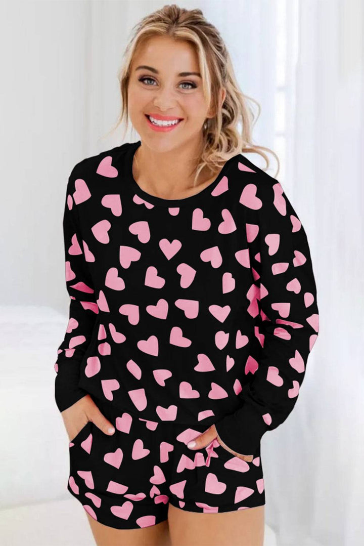 Valentine Heart Shape Print Long Sleeve Top Shorts Lounge Set