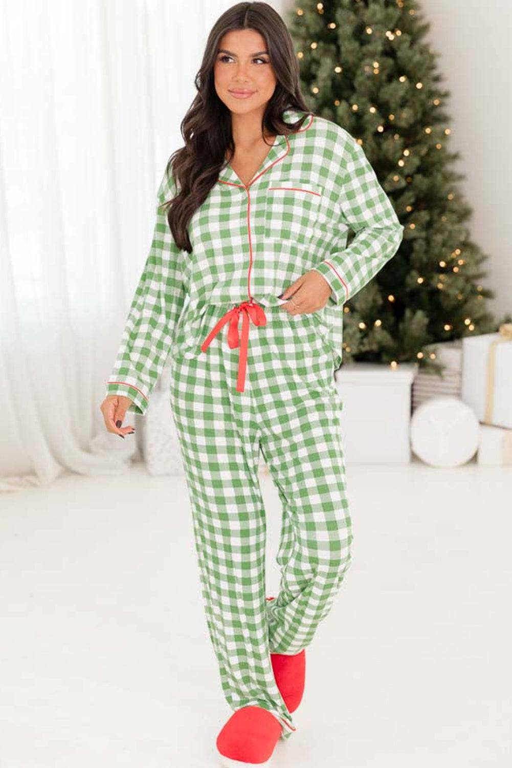 Light Green Plaid Print Shirt and Drawstring Pants Pajama Set