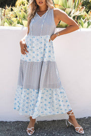 Light Blue Patchwork Sleeveless V Neck Summer Tiered Dress -