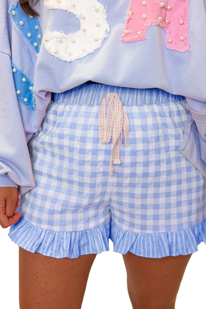 Gingham Print Ruffle Striped Detail Lace Tie Shorts