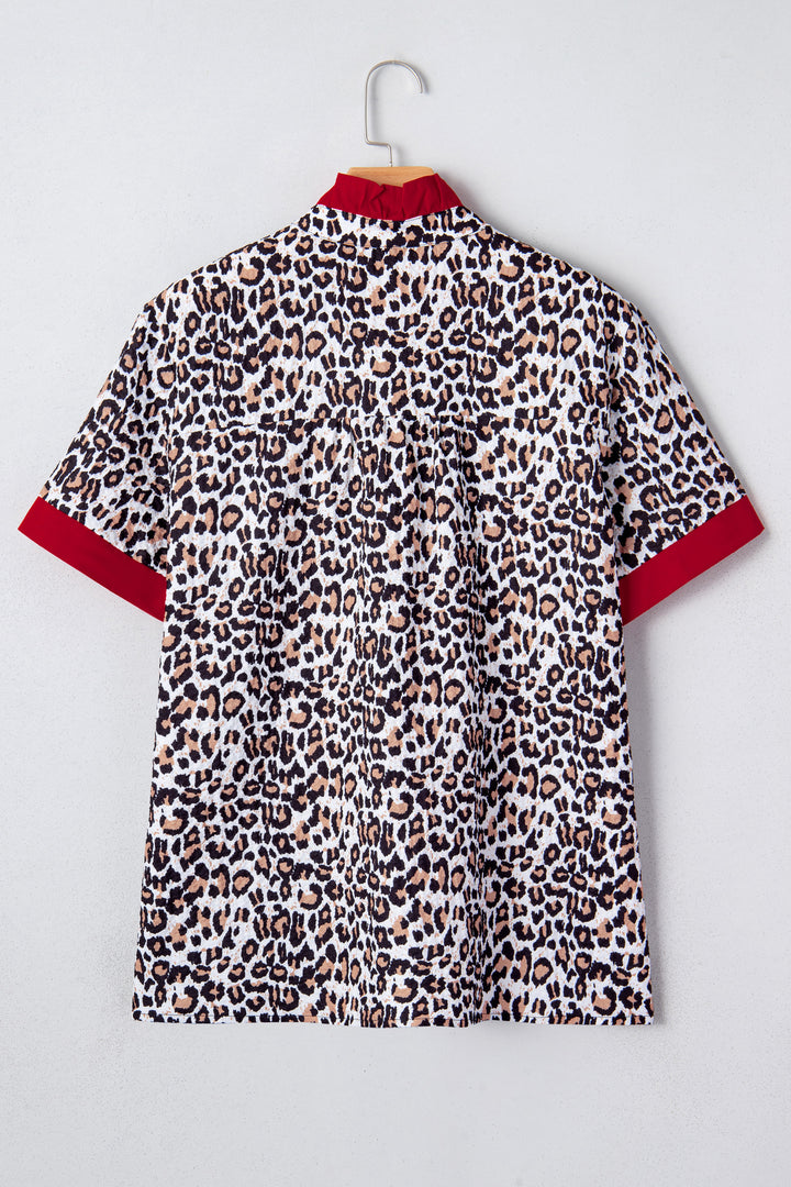 Khaki Contrast Frilled V Neck Trimmed Leopard Shirt