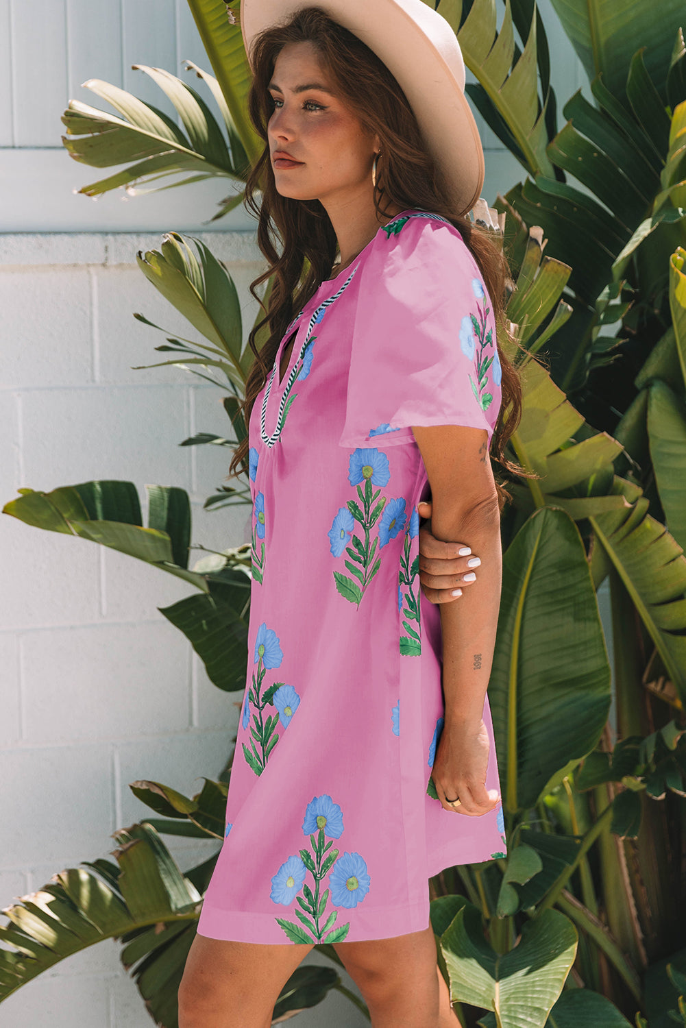 Floral Short Sleeve Split Neck Loose Mini Dress