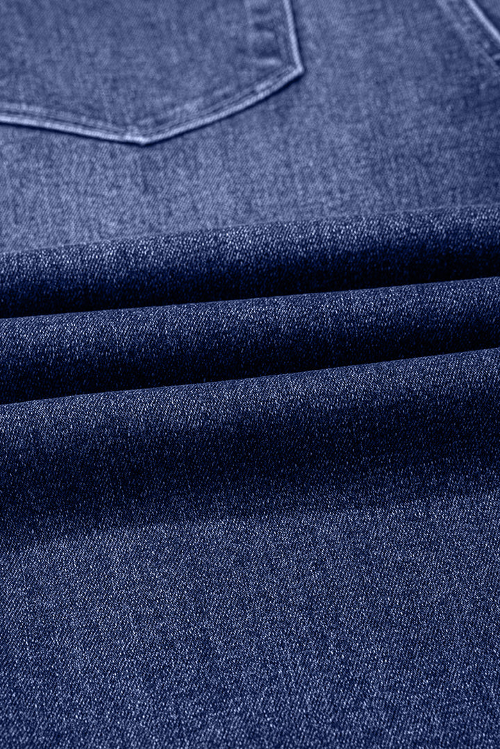 Real Teal Folded Cuffs Distressed Straight High Waist Jeans