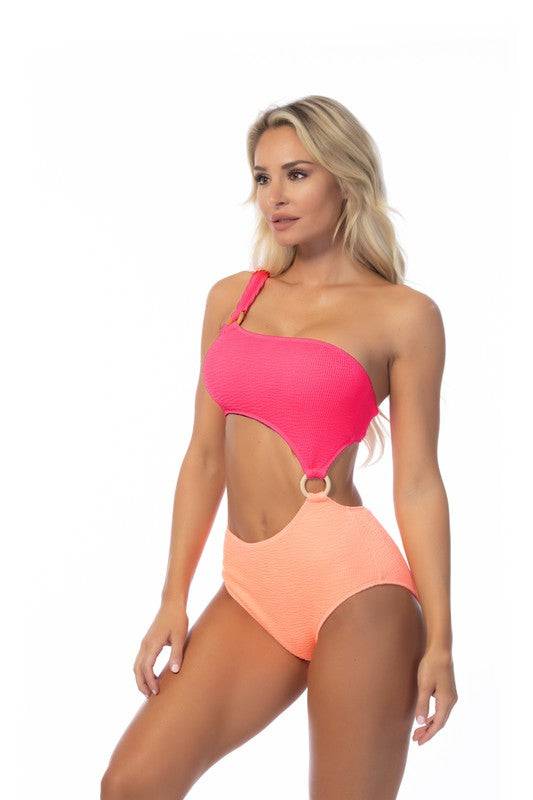 Shop TEXTURED TWO TONE ONE SHOULDER ONE PIECE at Faith & Co. Boutique. Features pink and peach colorblock with ring accent and cutout design.