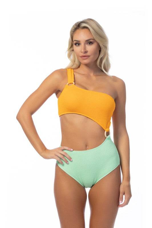 Shop TEXTURED TWO TONE ONE SHOULDER ONE PIECE at Faith & Co. Boutique. Features orange and mint colorblock with ring accent and cutout.