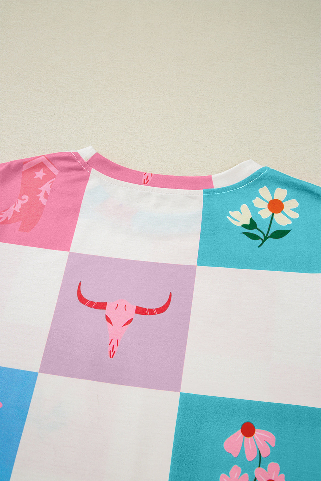 Western Fashion Checker Print Crewneck T Shirt