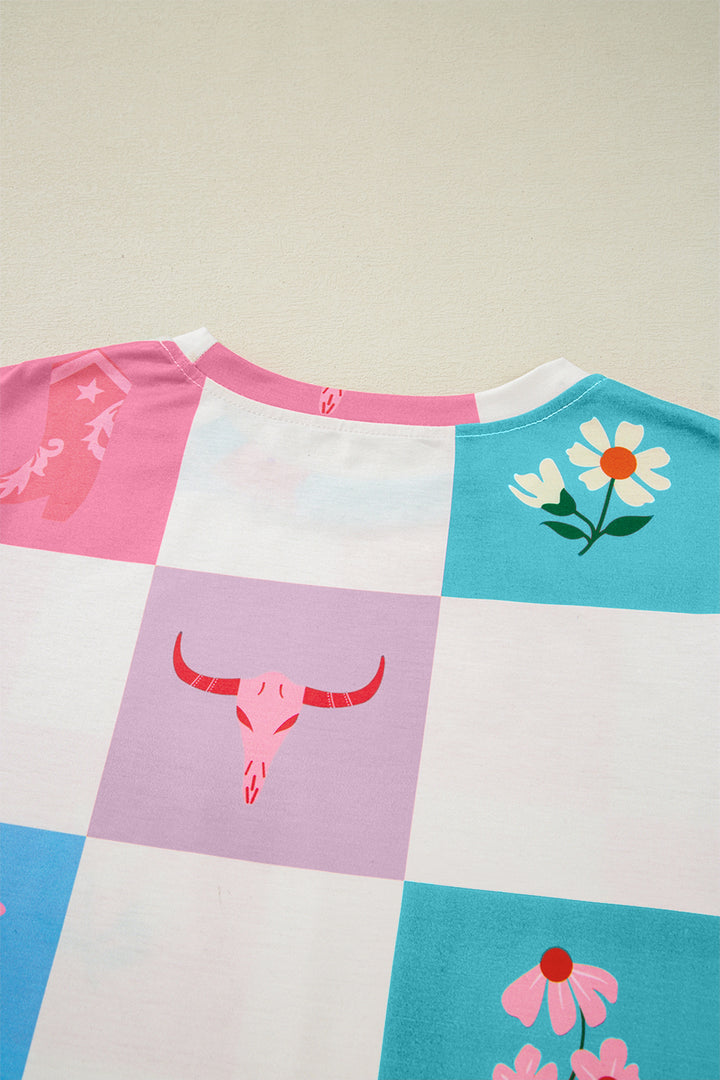 Western Fashion Checker Print Crewneck T Shirt