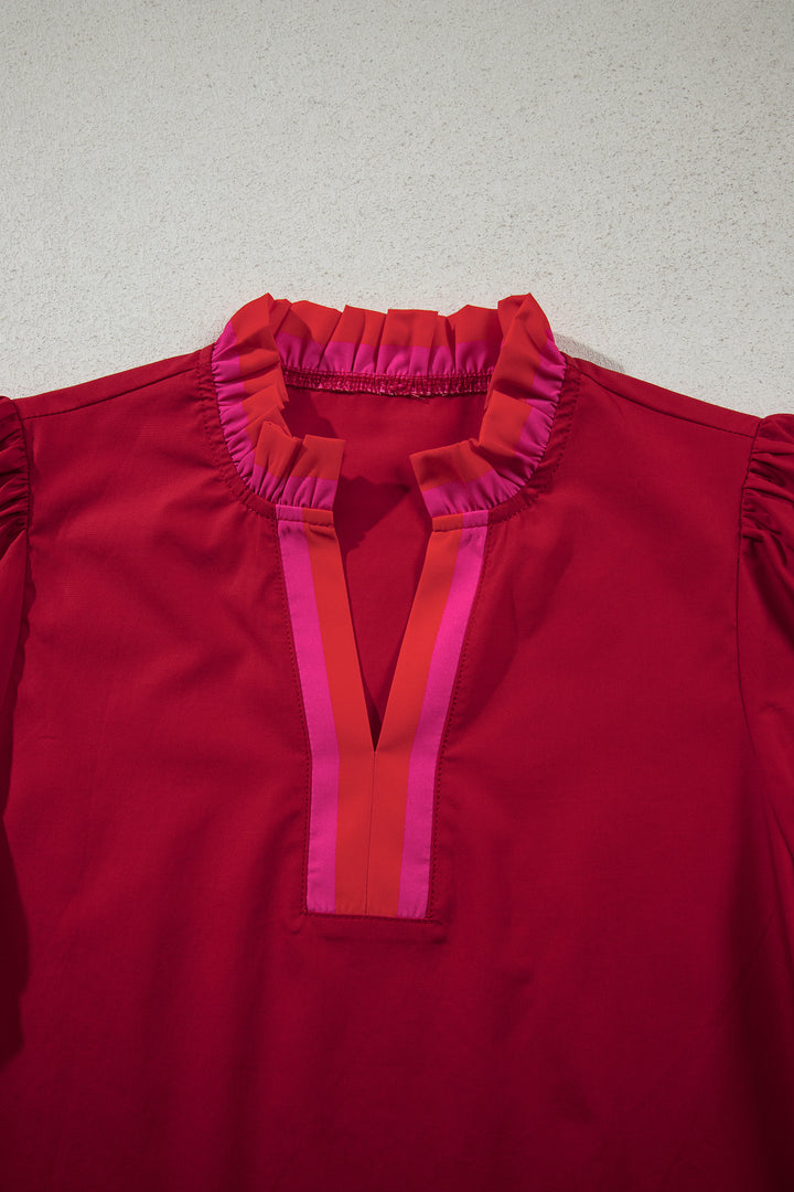 Fiery Red Striped Frilled Collar Ruffled Short Sleeve Blouse