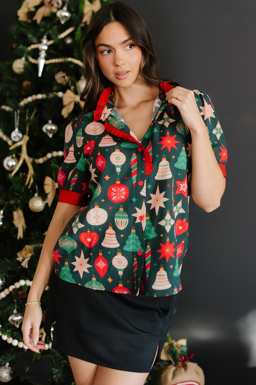 Green Christmas Fashion Print Contrast Trim Frilled Neck Short Sleeve Blouse