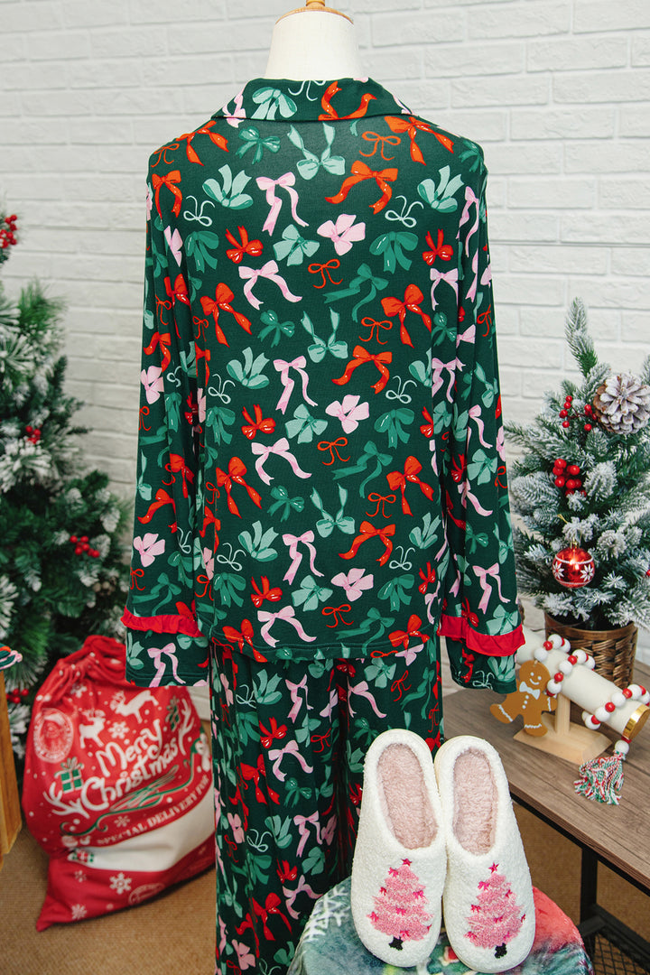Green Festive Bow Print 2pcs Christmas Pajama Pant Set