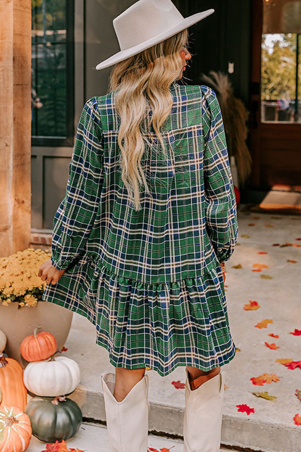 Plus Size Green and Navy Plaid Long Sleeve Split Neck Mini Dress Green / 1X / 55%Cotton+45%Viscose
