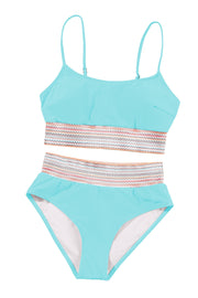 a women's swimsuit in a blue and white color scheme