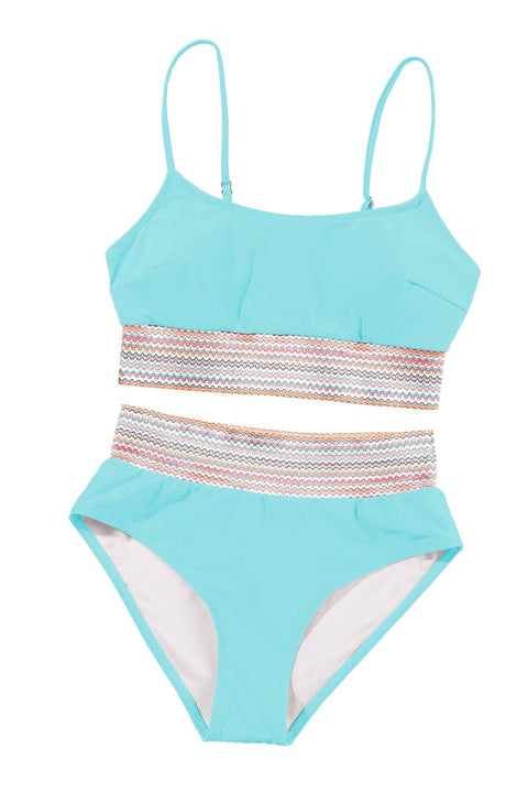 a women's swimsuit in a blue and white color scheme