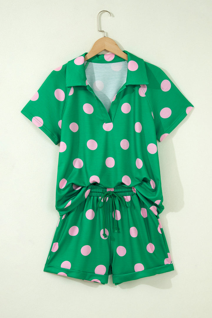 Polka Dot Print V Neck Tee Short Set
