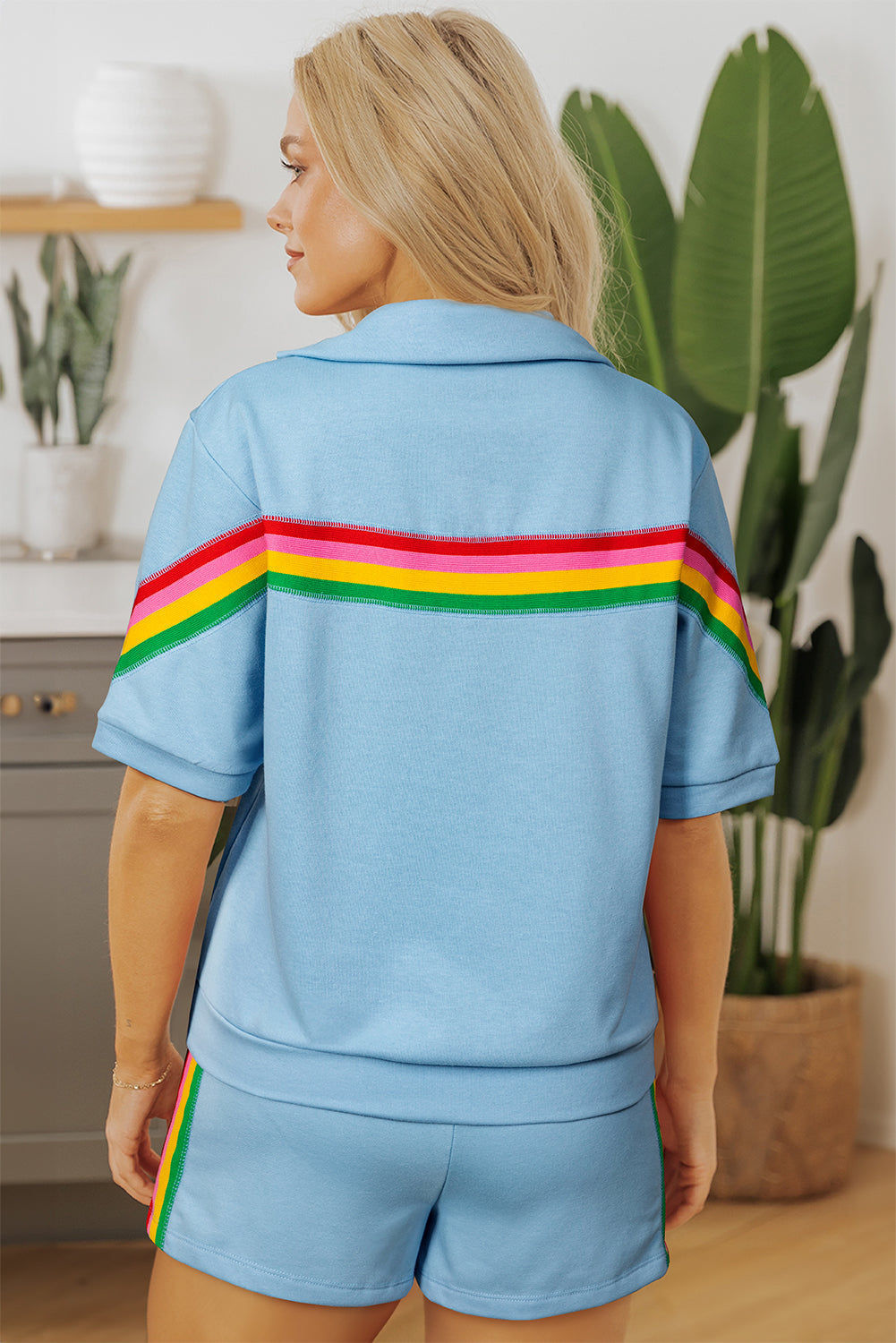 Rainbow Colorblock Collared Short Sleeve Top 2 Piece Shorts Set