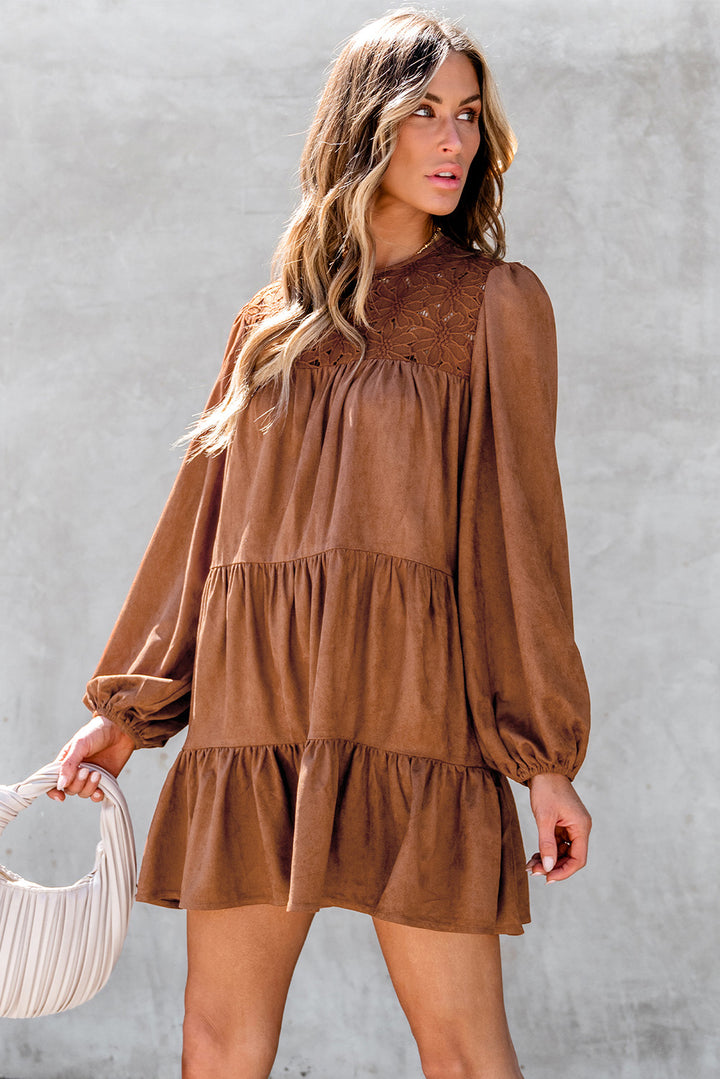 Chestnut Floral Lace Crochet Tiered Ruffled Mini Dress