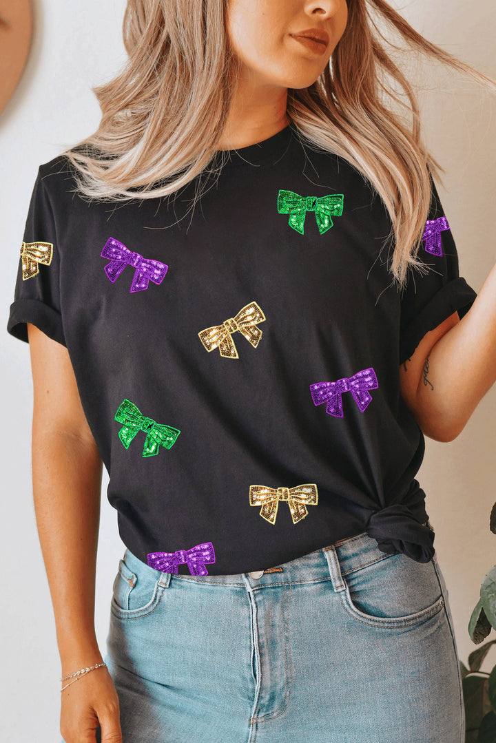 Black MARDI GRAS Sequin Bow Knot Graphic Crew Neck T Shirt