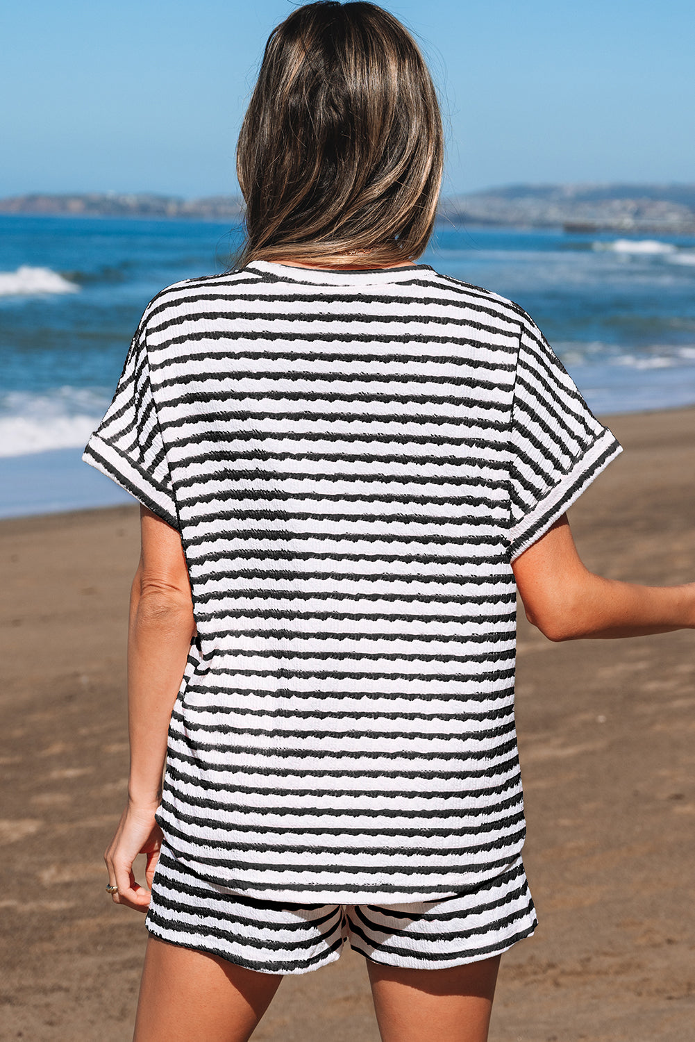 Stripe Knitted Short Sleeve Top and Drawstring Shorts Set