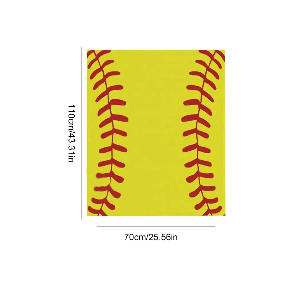 a yellow softball with red stitches on it