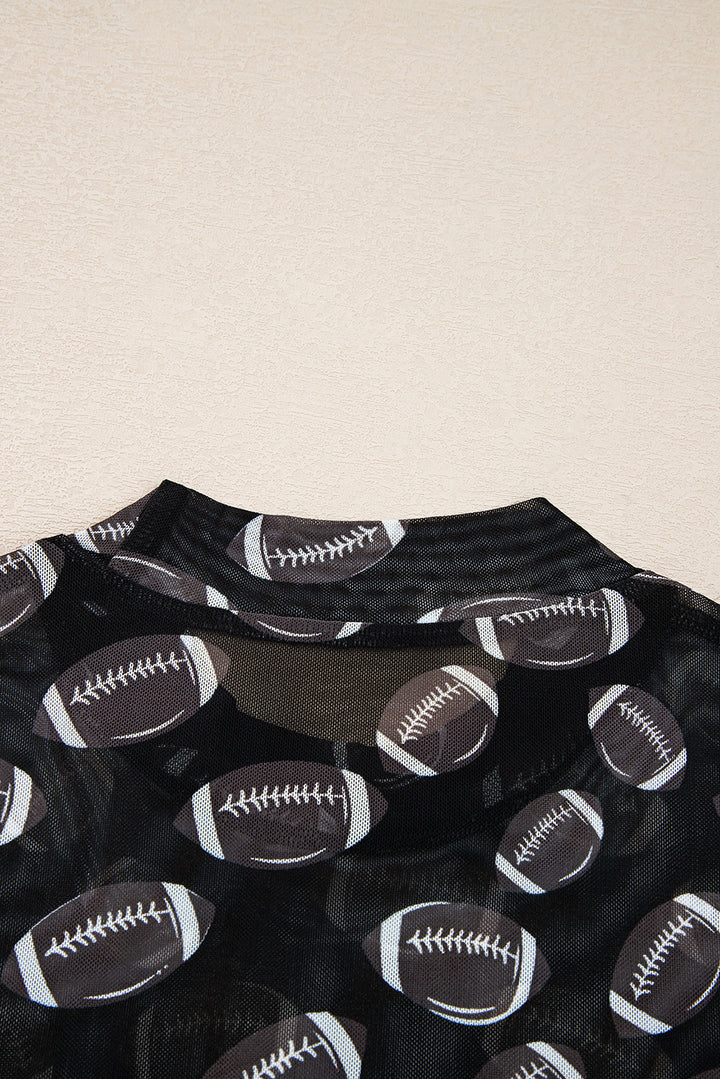 Black Game Day football Mesh Sheer Long Sleeve Top