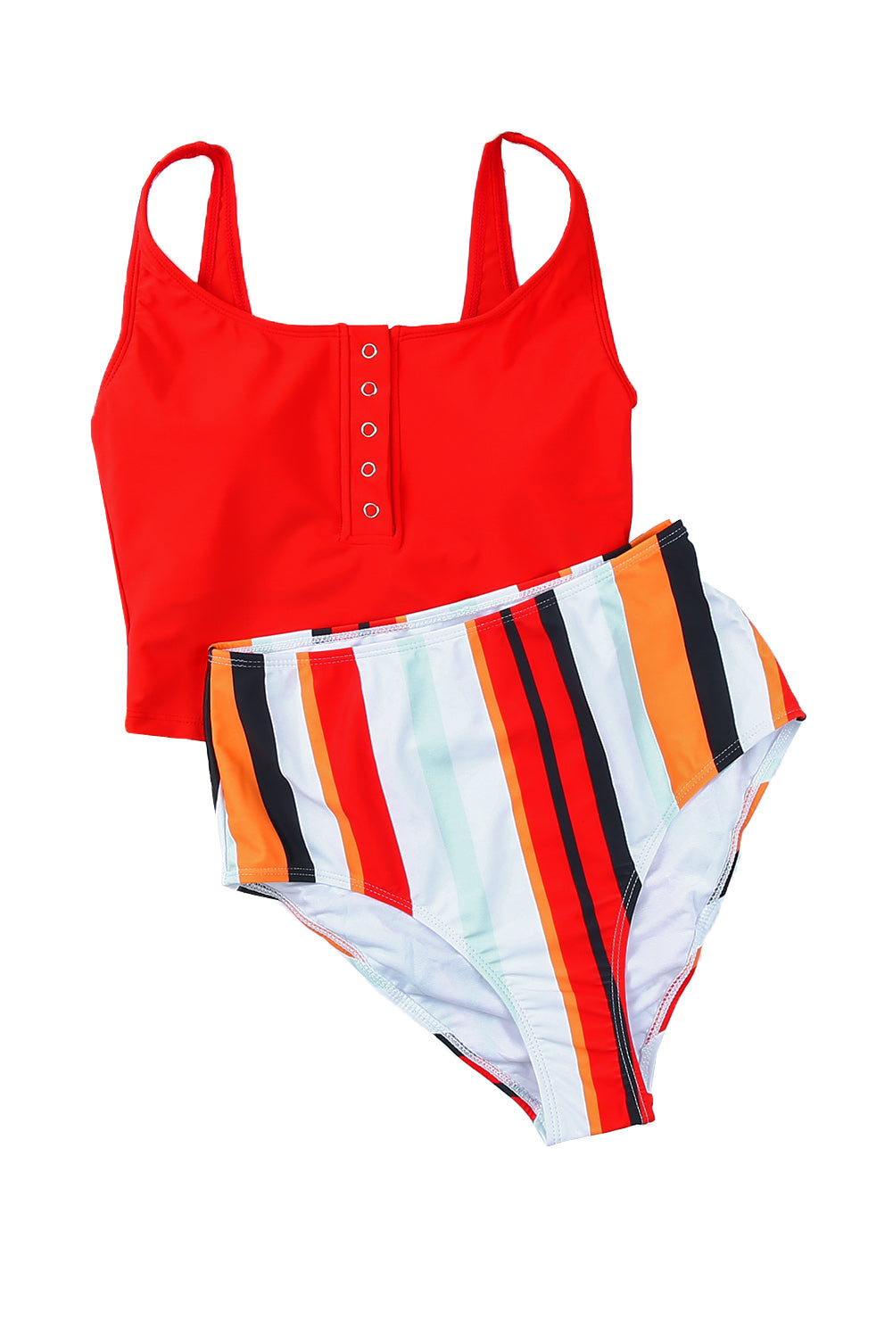 Red Square Neck Sleeveless Striped Print Tankini Swimsuit