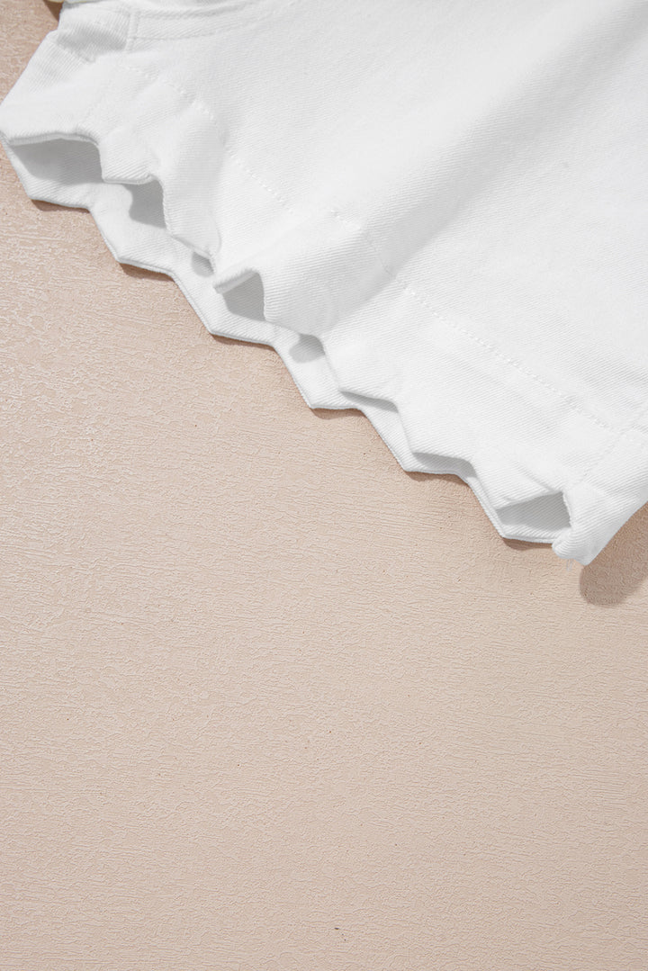 White Scalloped Hemline Acid Wash High Waist Denim Shorts