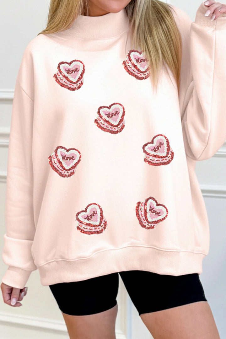 Light Pink Heart Patched Love Cake Mock Neck Sweatshirt