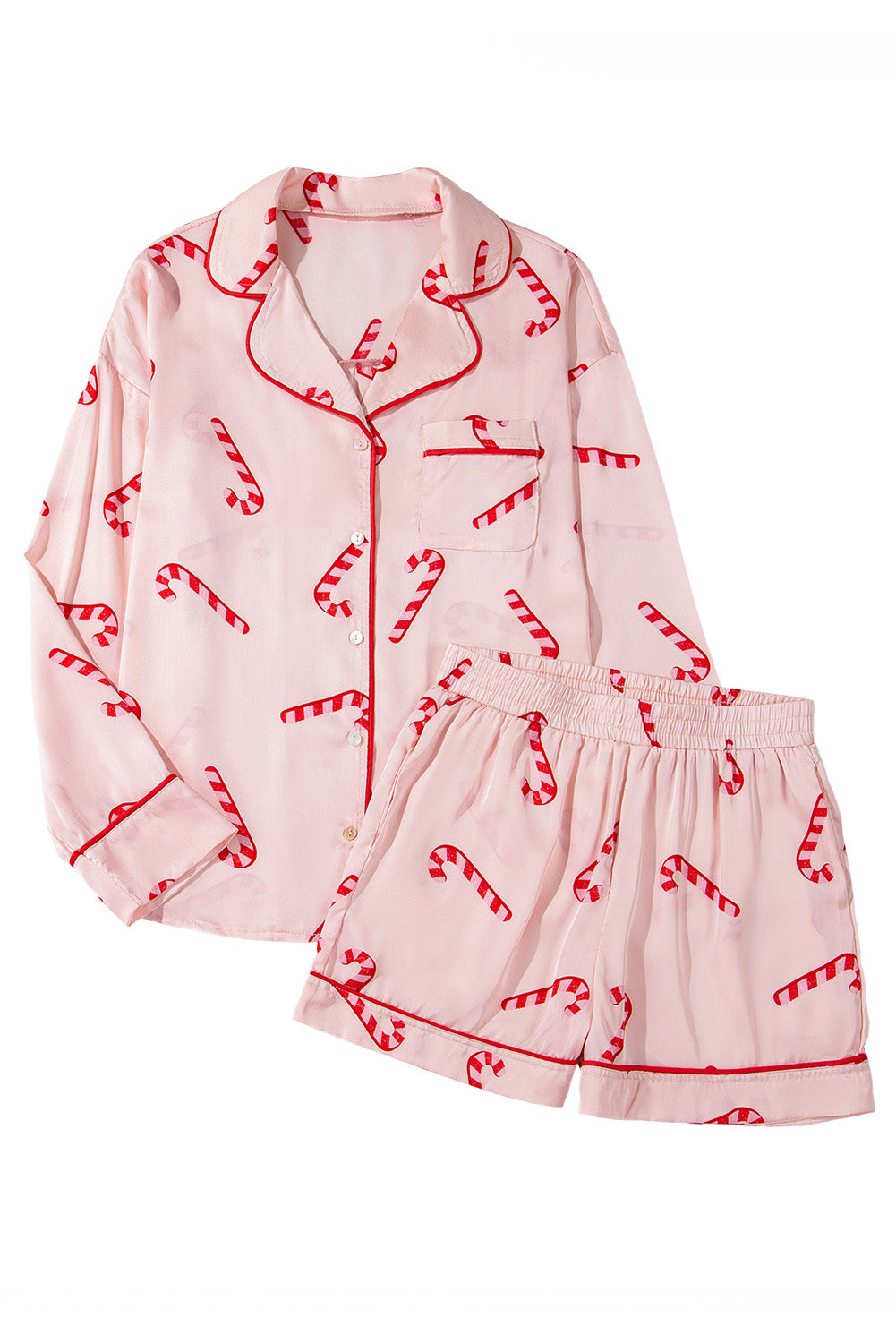 Pink Christmas Candy Cane Print Shirt and Shorts Pajama Set