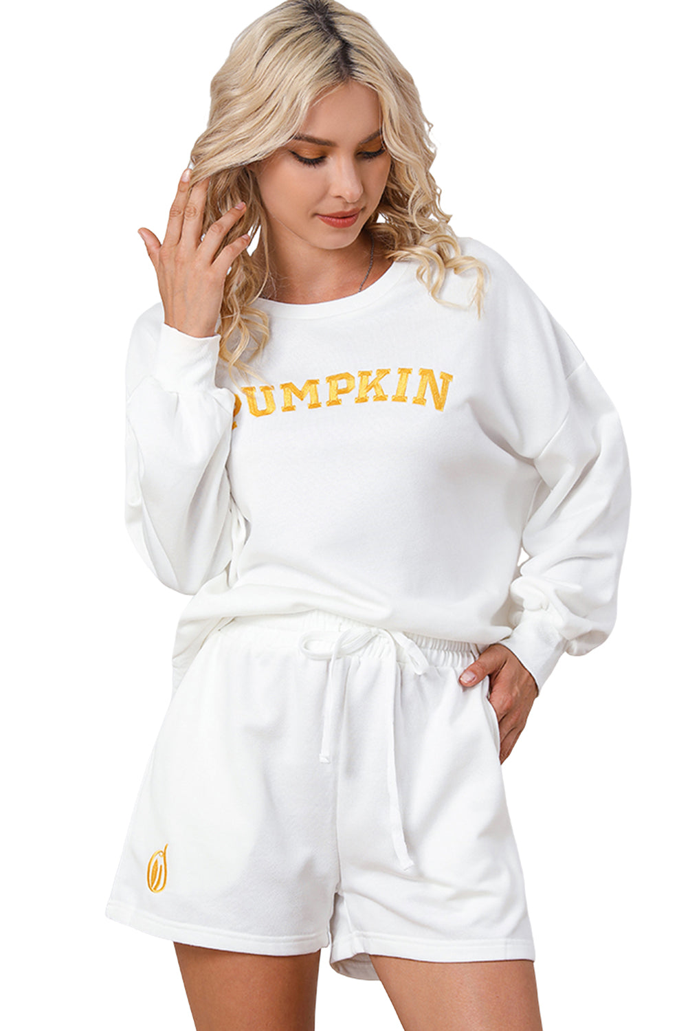 White PUMPKIN Flocking Graphic Pullover Sweatshirt and Shorts Set