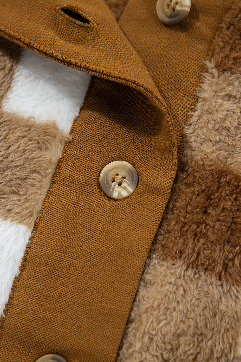 Brown Checkered Sherpa Loose Knit Cardigan with Pockets