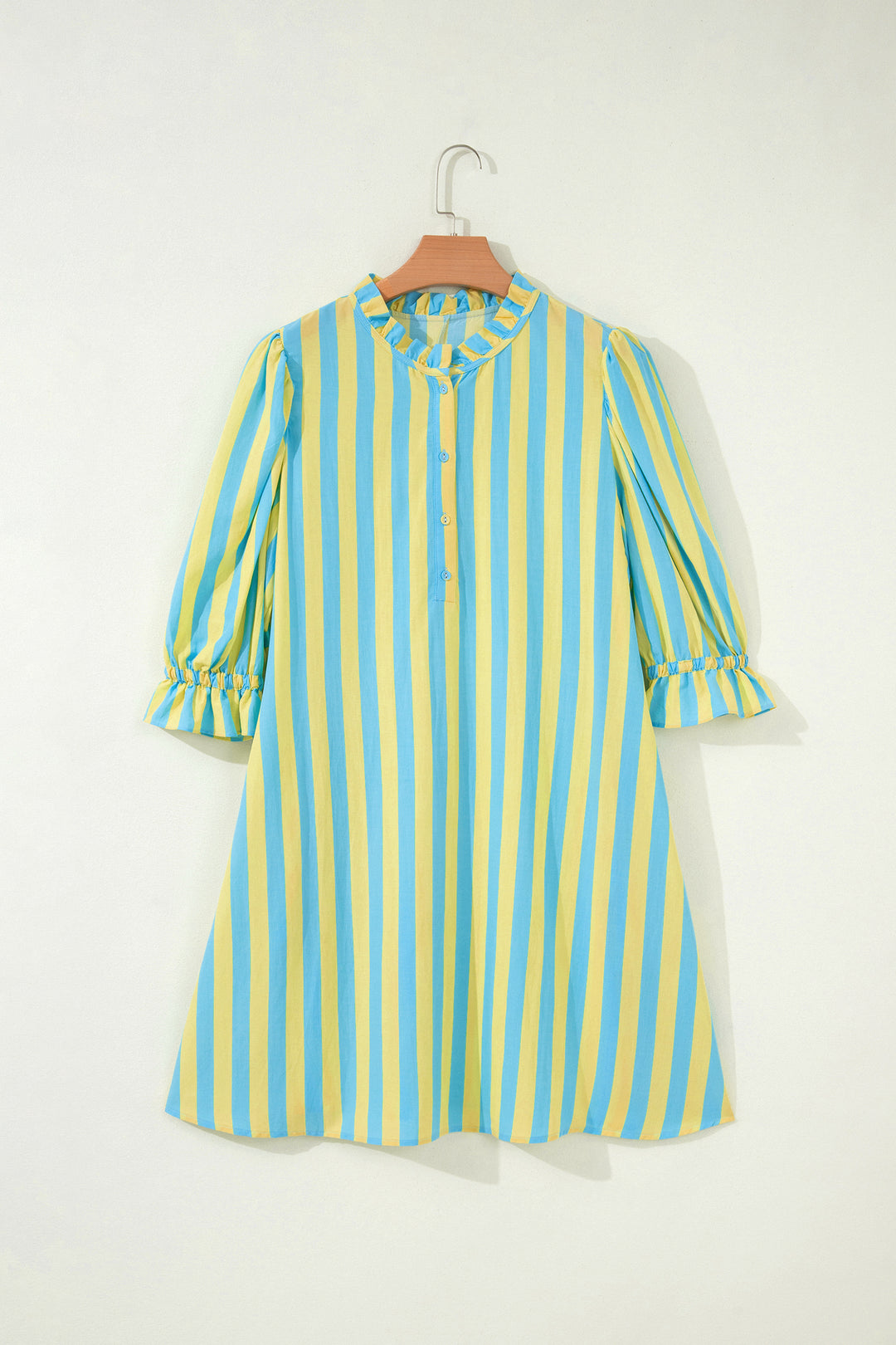 Stripe Half Button Puff Sleeve Loose Mini Dress