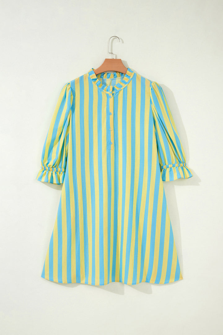 Stripe Half Button Puff Sleeve Loose Mini Dress