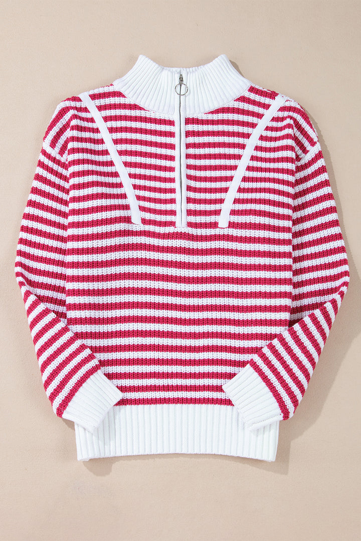 Stripe Zip up Collar Drop Shoulder Sweater