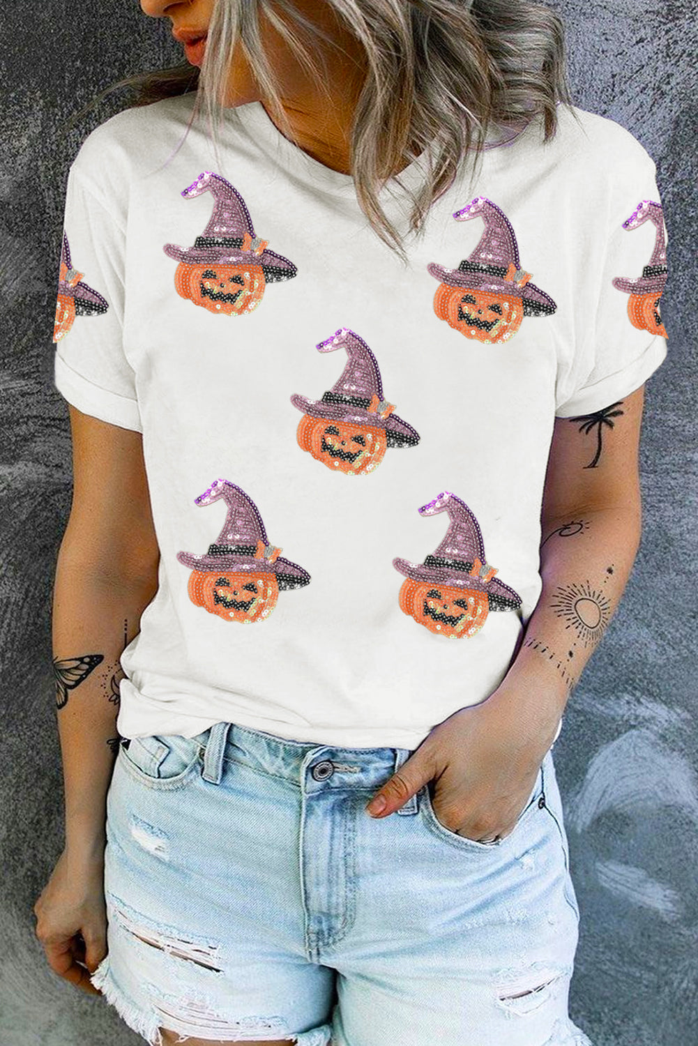 White Sequin Pumpkin Witch Halloween Graphic Tee