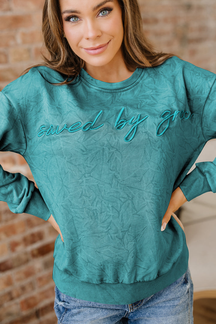 saved by grace Letter Embroidery Mineral Wash Loose Sweatshirt