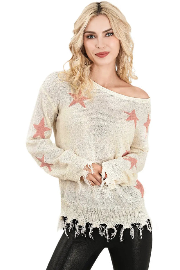 Beige Starry Long Sleeve Raw Hem Sweater -