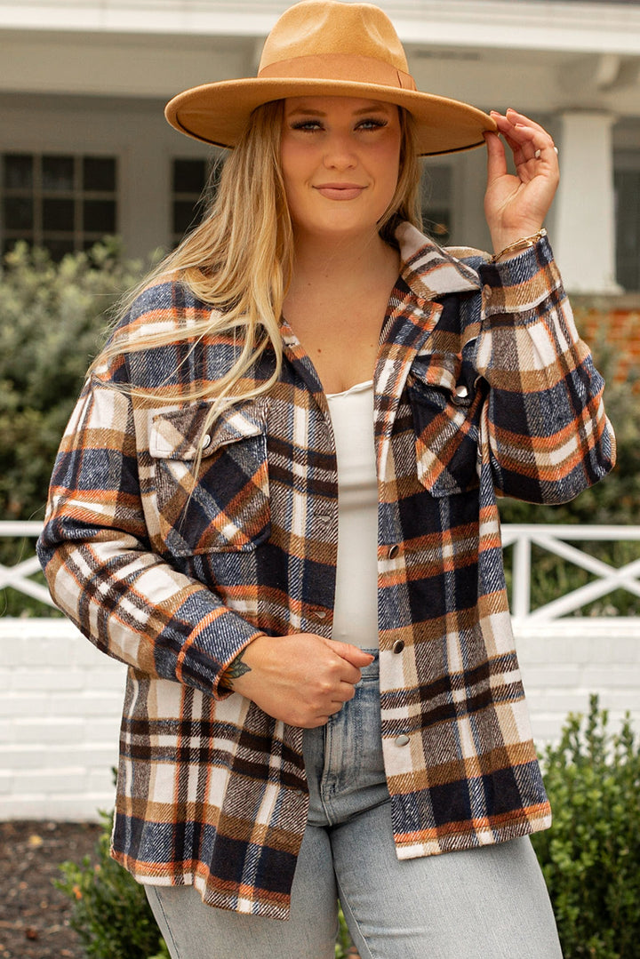 Geometric Plaid Print Pocketed Shacket