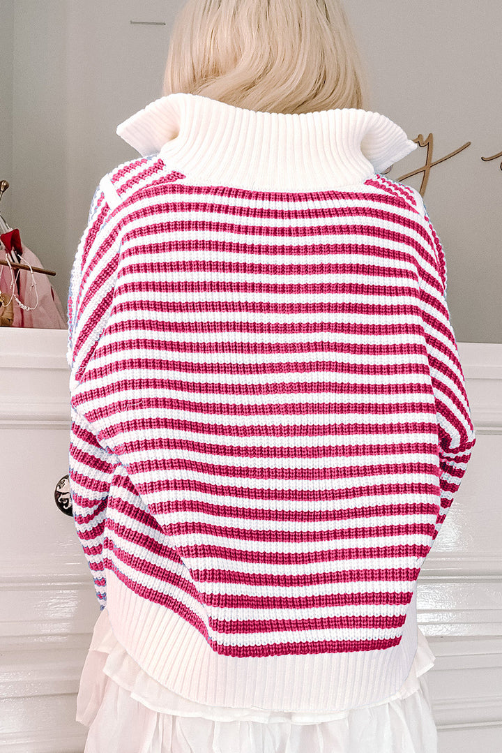 Stripe Zip up Collar Drop Shoulder Sweater