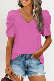 Puff Sleeve V-Neck T-Shirt - Rose / 2XL / 95%Cotton+5%Elastane