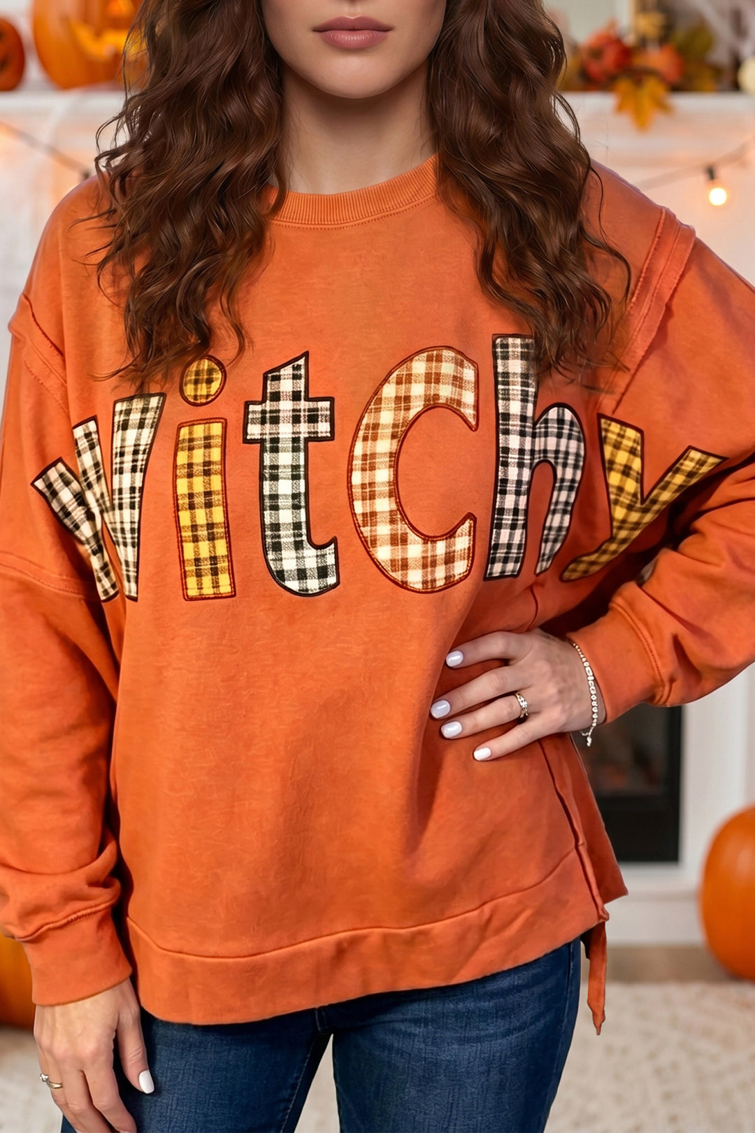 Halloween Witchy Plaid Slogan Embroidered Patch Tunic Sweatshirt