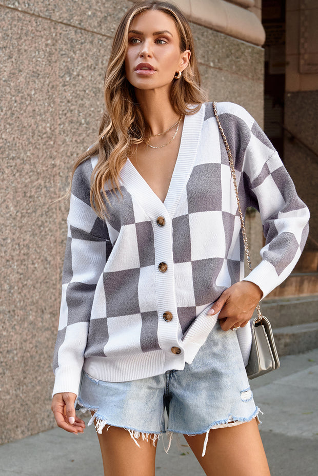 Brown Contrast Checkered Print Button Up Sweater Cardigan