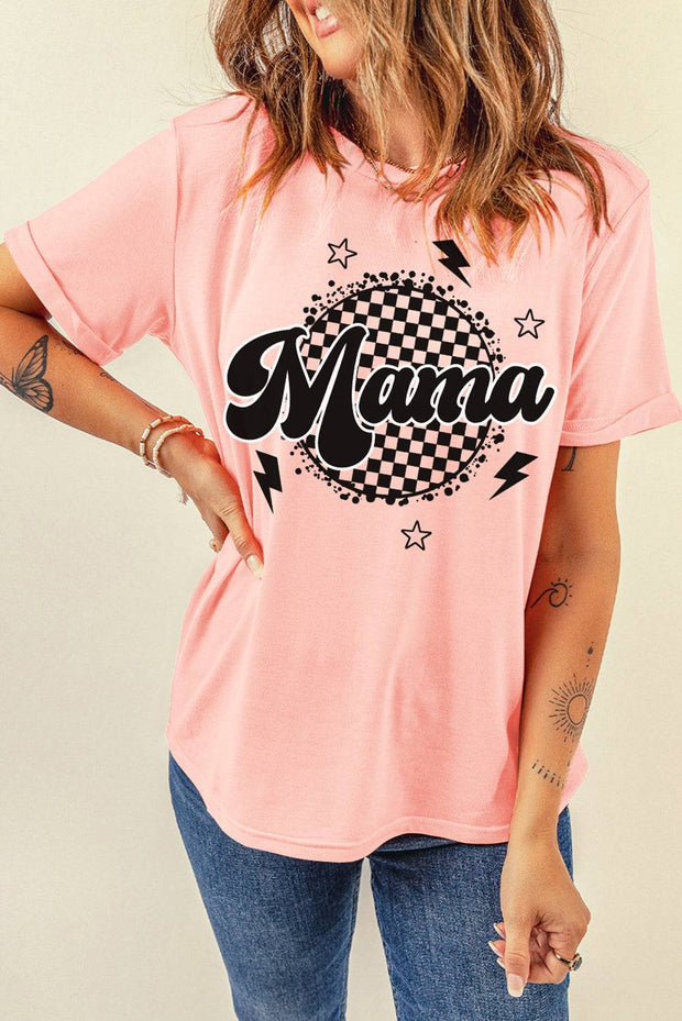 Pink Mama Checkered Graphic Crew Neck T Shirt -