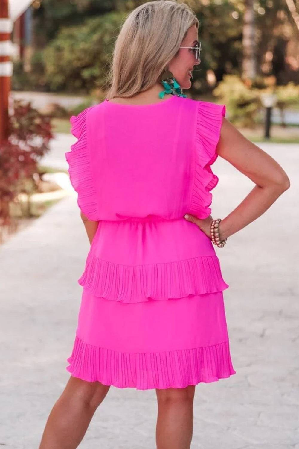 Bright Pink Pleated Layered Ruffle Sleeveless Mini Dress -