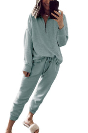 Blue Solid Color Half Zipped Top and Drawstring Pants Loungewear Set -