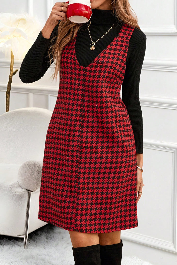 Houndstooth Print V Neck Sleeveless Mini Dress