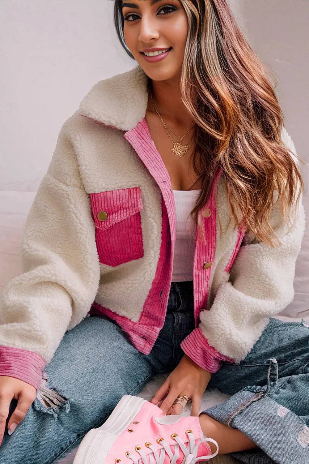 Multicolor Sherpa Corduroy Patchwork Button up Crop Jacket -