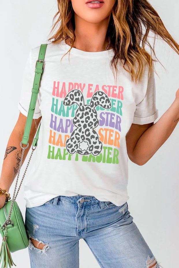 White Happy Easter Rabbit Graphic Crew Neck T Shirt -