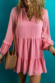 Pink Swiss Dotted Split Neck Tiered Ruffled Short Dress - Pink / L